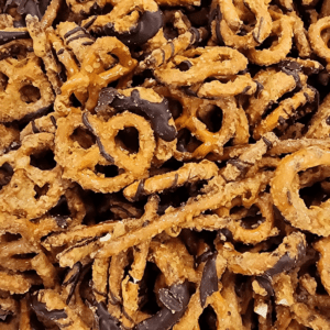 Butter toffee pretzels with dark chocolate drizzle